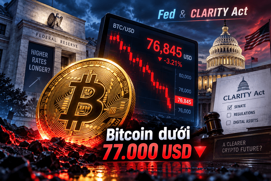Giá Bitcoin hôm nay 14/09/2026 quanh 76.633 USD trước quyết định của Fed và CLARITY Act