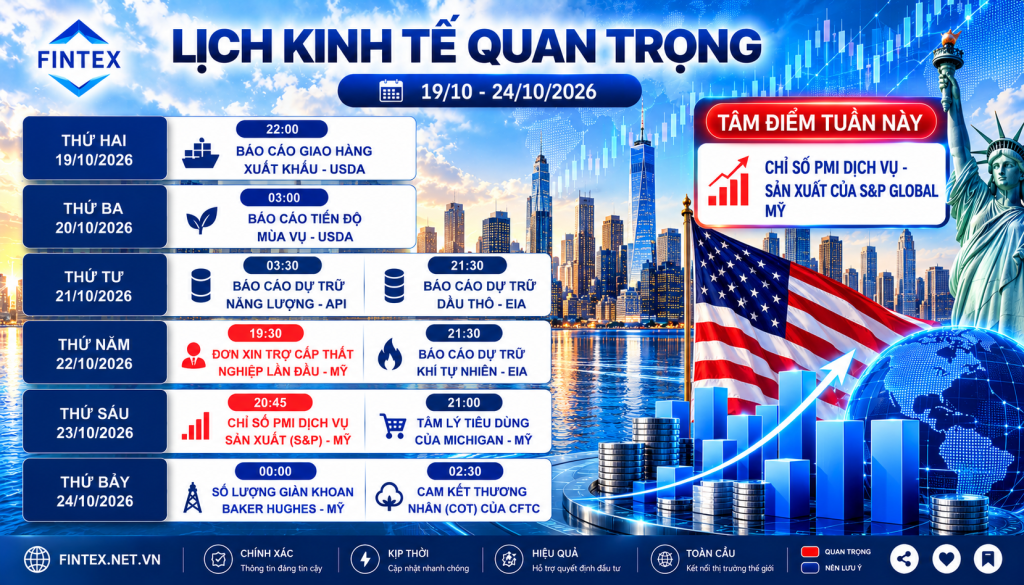 Lịch kinh tế tuần 19/10 đến 24/10/2026 với PMI Mỹ và các báo cáo tồn kho năng lượng.