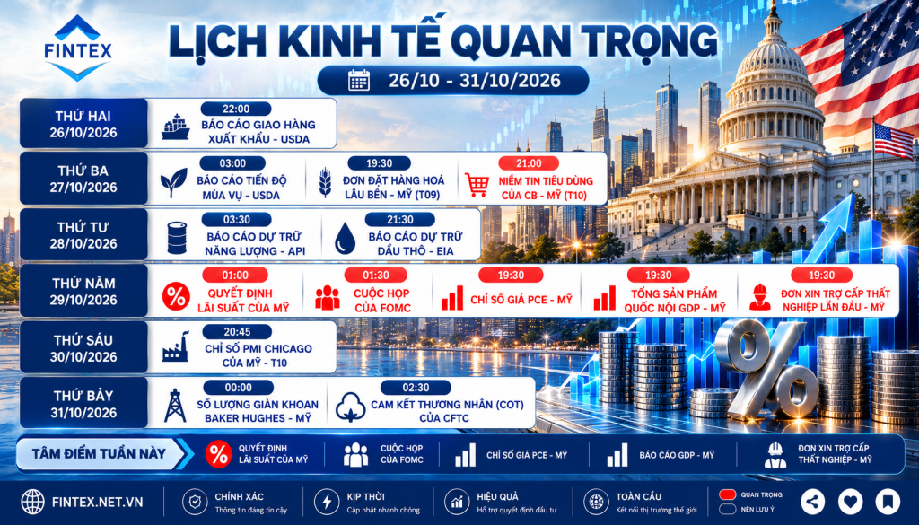Lịch kinh tế tuần 26/10 đến 31/10/2026 với quyết định lãi suất Fed, GDP và PCE Mỹ.